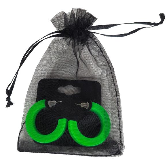 Green Hoop Earrings 1.2" Retro 1980s Neon Chunky Pierced Acrylic Gift Bag Y2K - Picture 6 of 7